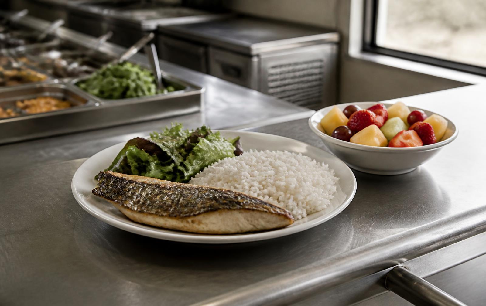 Training ground meal of white rice, grilled sea bass and fresh fruit on a stainless steel counter